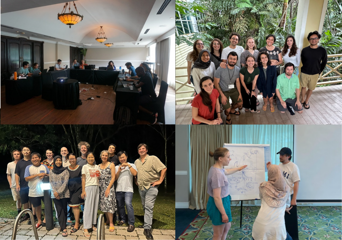 4 photos, from top left clockwise: group of people working on their laptops sitting arround a table in a large room; a group of people smiling on a deck with trees in the background; 3 people standing in front of a large pad of paper, pointing to it; a gorup of people smiling at the camera outside at night.