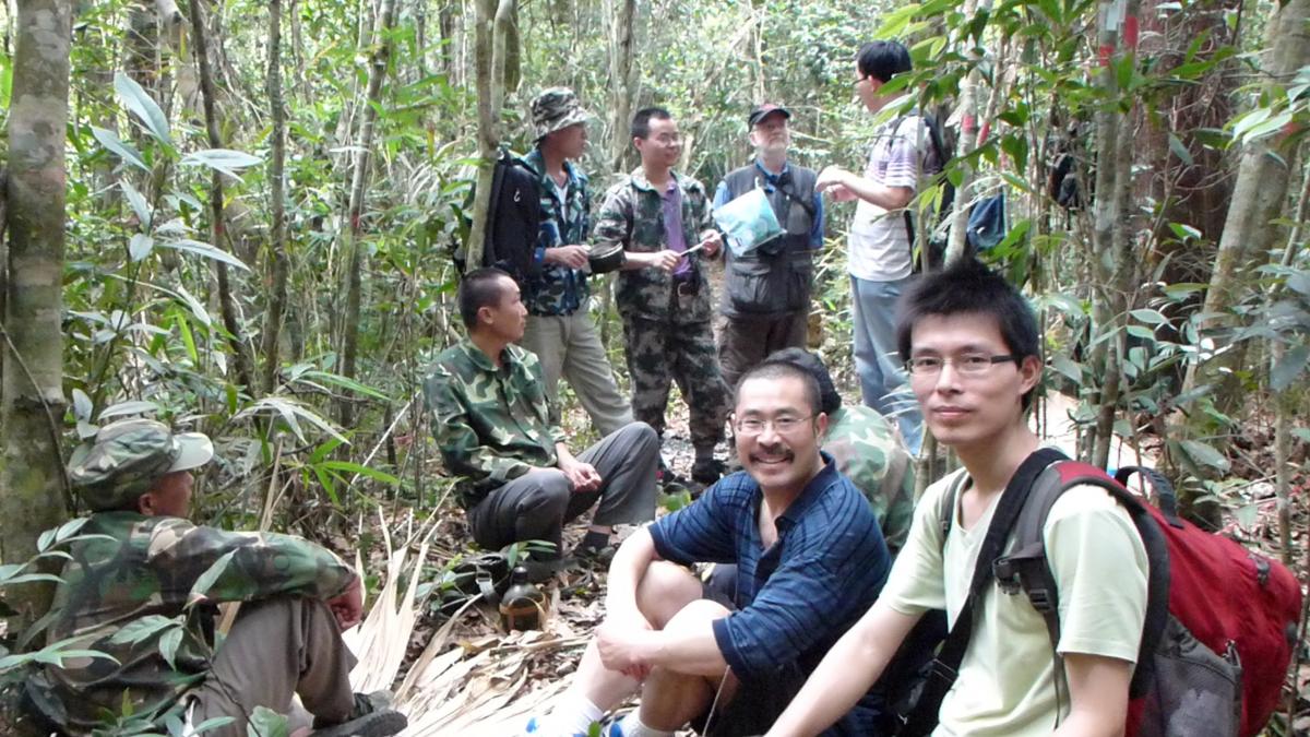 Researchers sitting and standing in a tropical forest.