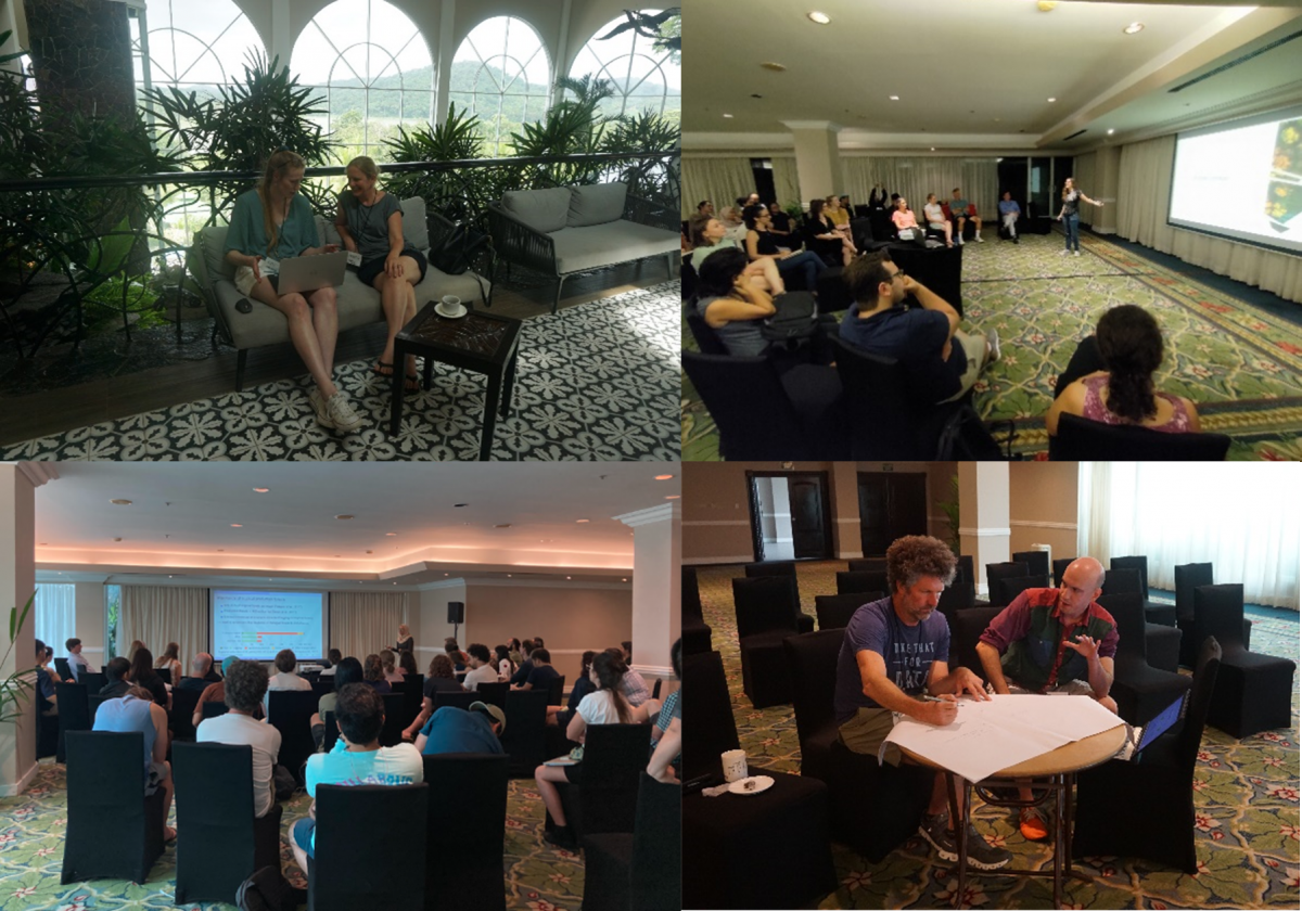 4 photos, from top left clockwise: two women sit on a couch in front of big windows overlooking the mountain, they are looking at a laptop; a woman stands in front of a group of people presenting a slideshow; two men are in conversation at a small table with a large paper in front of them; a group of people sit and watch someone presenting at the front of the room