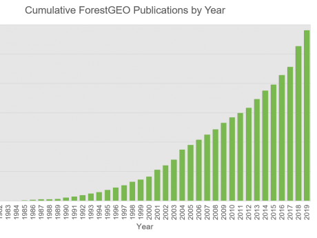 A graph of cumulative ForestGEO publicatioins through 2019