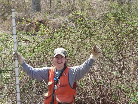 Jess in an orange vest and hat, holding a measuring tool, smiling with her hands in the air in the forest