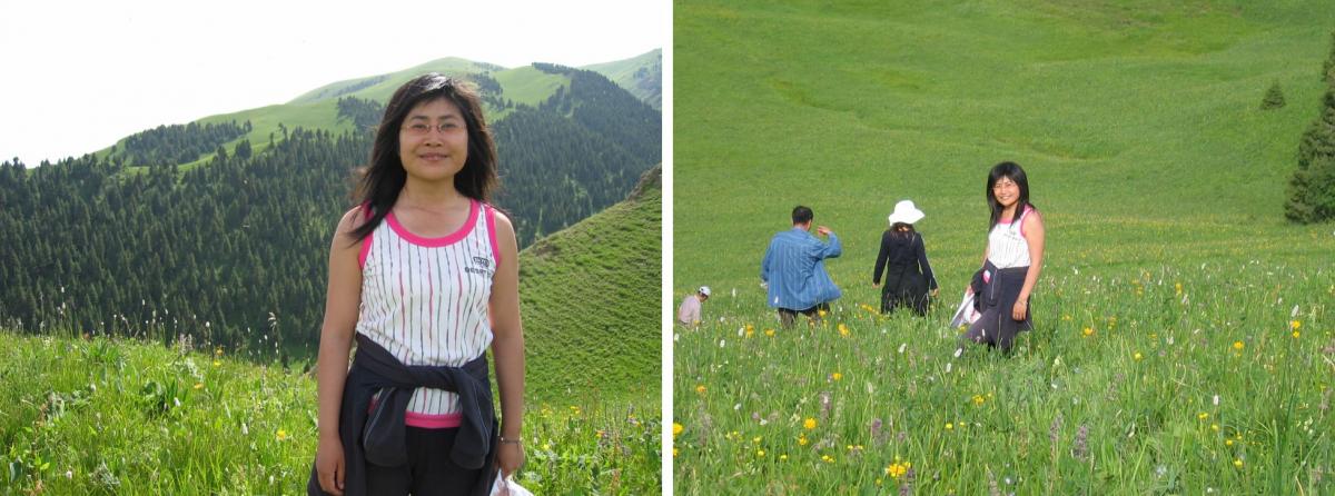 A mosaic of images featuring Yan in a field with wildflowers.